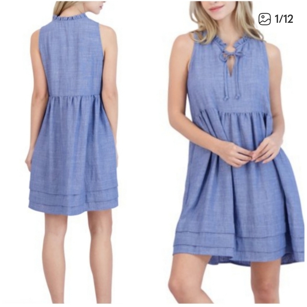 52 Seven Sleeveless Chambray Blue Ruffle Dress Cottagecore Denim Mini Dress